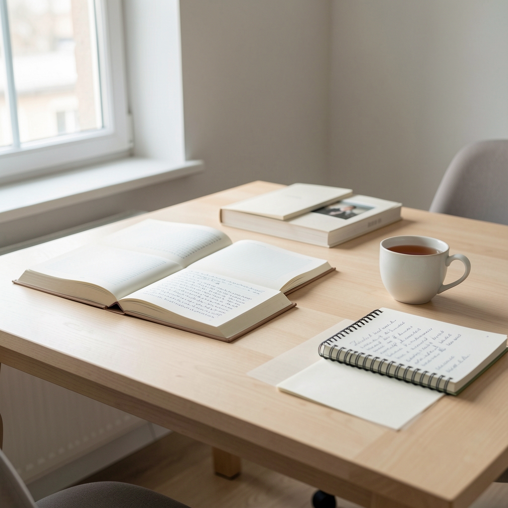 Bureau éditorial minimaliste avec une table en bois clair, des livres ouverts, des cahiers de notes manuscrites et une tasse de thé, lumière naturelle douce de fenêtre, ambiance studieuse et sereine