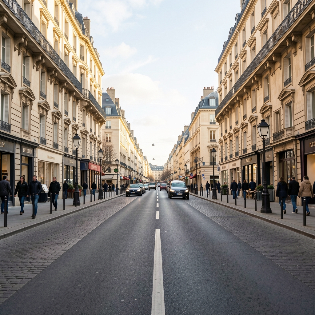 Avenue de l'Opéra à Paris en journée, bâtiments haussmanniens élégants aux façades ocre et blanches, ciel bleu dégagé, trottoir pavé, atmosphère urbaine calme et raffinée