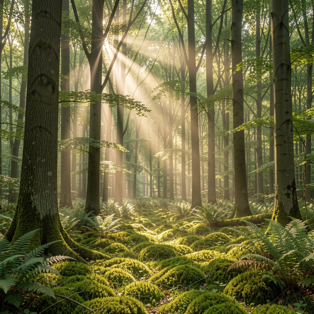 Forêt de hêtres avec des rayons de lumière matinale traversant le feuillage dense, sol recouvert de mousse verte, atmosphère calme et régénératrice